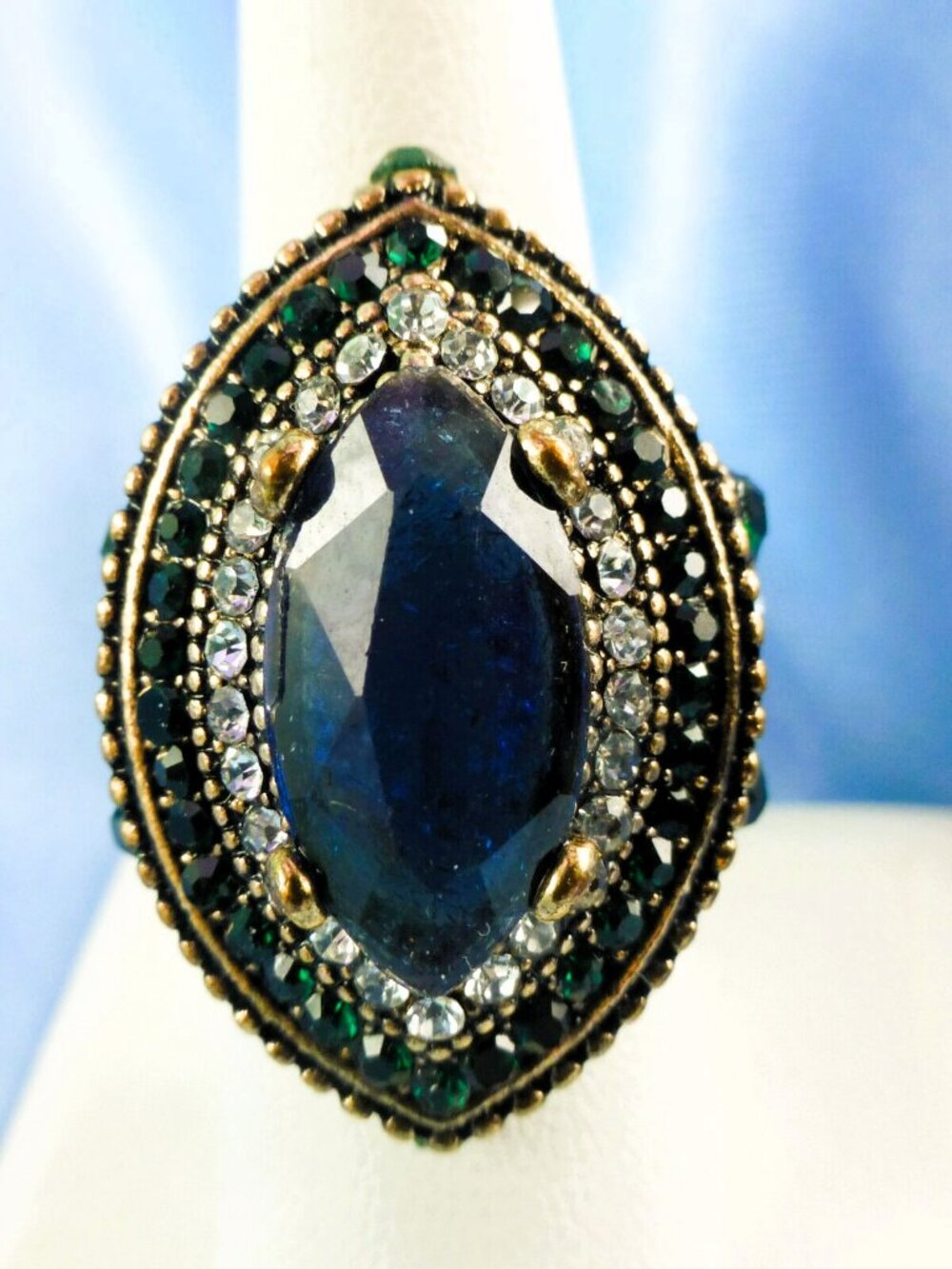 Vintage Bulgaria Blue Marquise Antique Gold Ethnic Ring